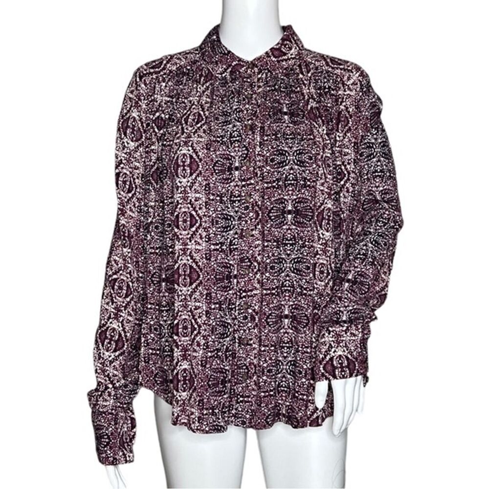 Free People Shirt Women XS Purple Geometric Print Button Up Blouse Preppy Casual